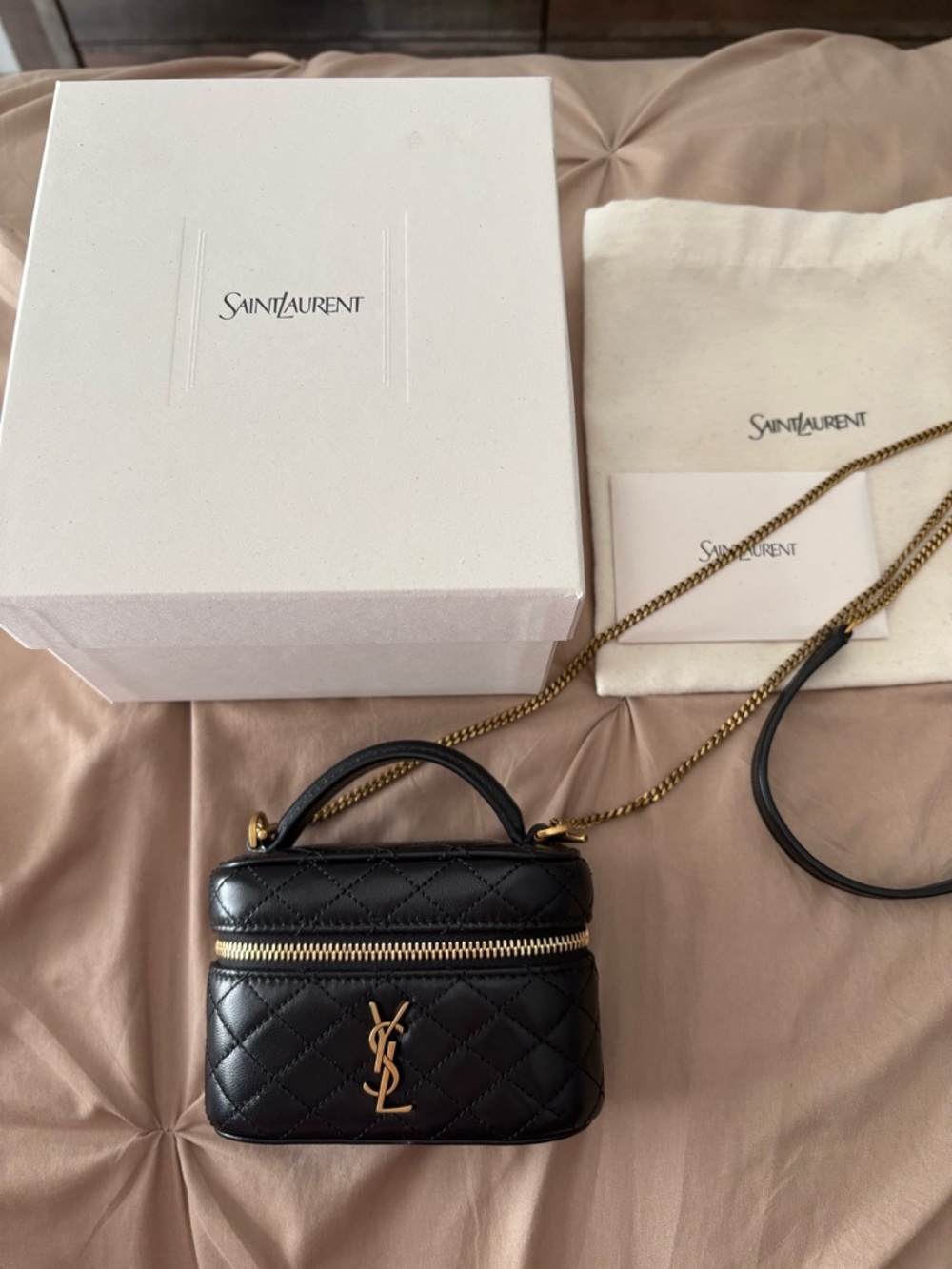 Saint Laurent Black Quilted Mini Vanity Bag with Gold Hardware